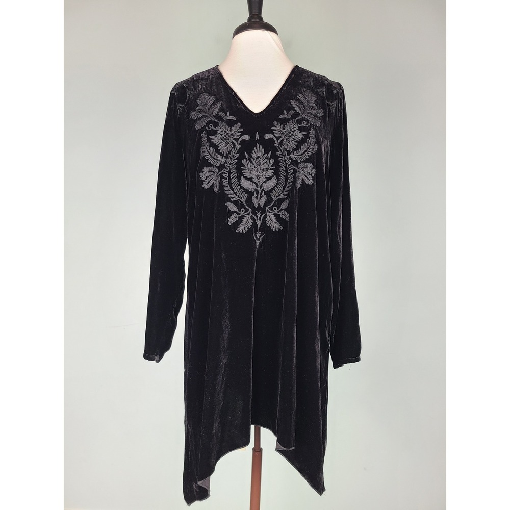 Johnny Was Sz L Tilda Embroidered Black Velvet Silk Tunic Top Boho Whimsigoth